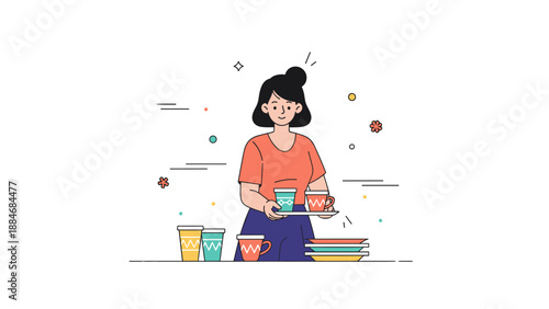 Smiling asian female serving coffee and meals in a café setting