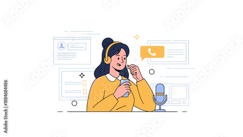 Female podcaster in studio setting with microphone and headphones