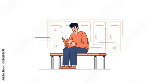 Young asian male reading book on bench near school lockers