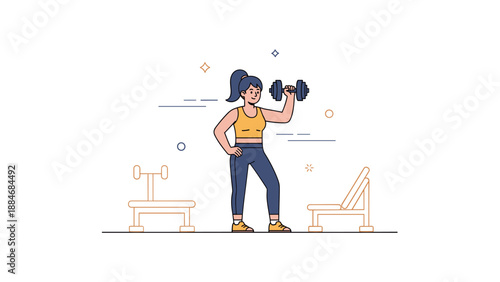 Young caucasian female exercising with dumbbell in gym environment