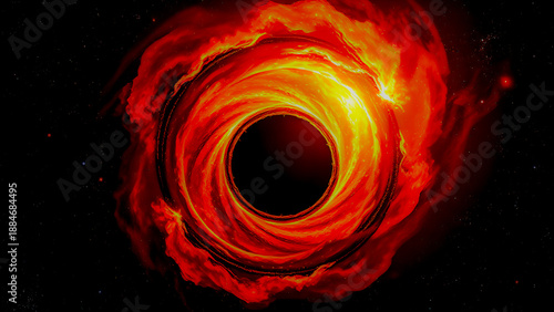 Dramatic cosmic scene depicting a glowing fiery black hole surrounded by swirling energy in deep space