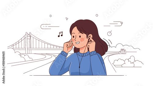 Young asian female listening to music with headphones outdoors