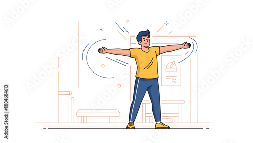 Young caucasian male exercising with open arms in indoor setting