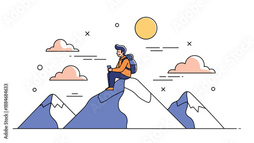 Young male hiker with backpack enjoys mountain view under sunny sky