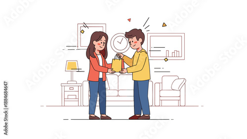 Smiling young couple exchanging a gift in a cozy living room