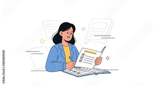 Asian female young adult studying with open book and papers in informal attire