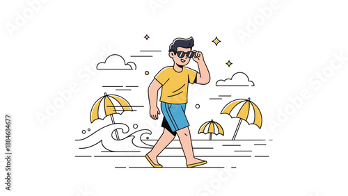 Young caucasian male enjoying a beach walk in sunglasses