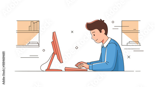Young caucasian male using computer in modern office setting