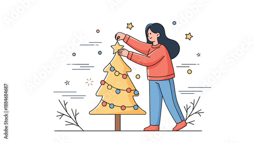 Asian female decorating christmas tree with star during festive season