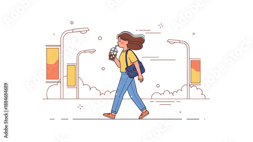 Young caucasian female walking with coffee in city street illustration