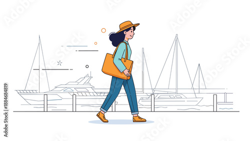 Stylish female enjoying a walk by the marina with yachts in background