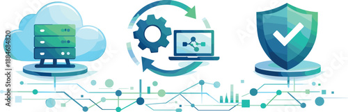 Digital Network Ecosystem. Technology network scene illustrated via digital connections, service coordination, and responsive