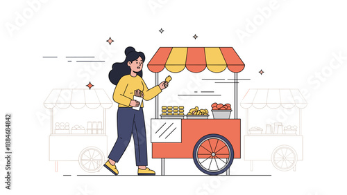 Hispanic female eating snacks at outdoor market stall with colorful food cart