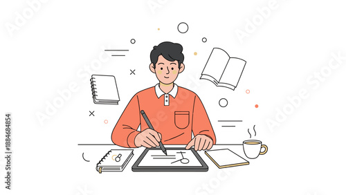 Young asian male artist drawing on tablet in creative workspace