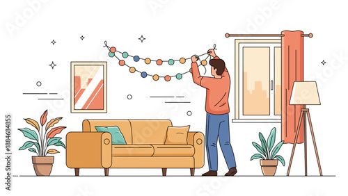 Young adult caucasian male decorating living room with colorful string lights