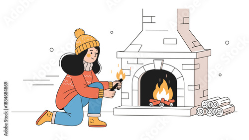 Asian female adult lighting fireplace in cozy winter scene