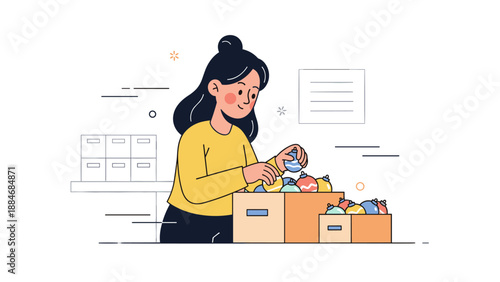 Asian female organizing recyclable items in bins at work