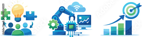 Collaborative Innovation Icons. Problem-solving scene illustrated via collaborative innovation, optimized technologies, and