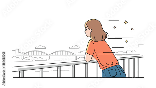 Young caucasian female enjoying river view from bridge in casual outfit