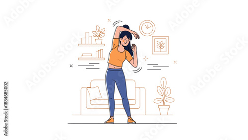 Young hispanic female exercising indoors with plants and wall decor
