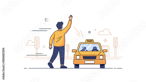 Illustration of male hailing taxi in urban street setting with traffic lights