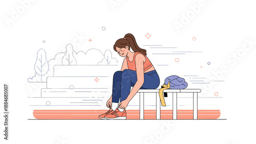 Young caucasian female tying shoes on park bench after workout