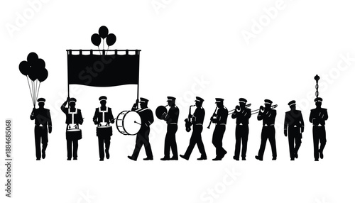 Silhouette of marching band parade with musicians playing instruments and holding festive items