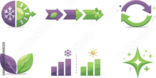 Seasonal Transition Infographic. Change flow infographic-style scene communicating seasonal transition progression, six symbolic