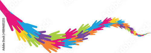 Abstract colorful hands forming dynamic flowing wave pattern symbolizing diversity, teamwork, creativity, unity, motion, community support, collaboration concept, modern artistic illustration