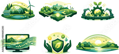 Nature's Balance Ecosystem. End-to-end nature awakening ecosystem illustration showcasing life and balance, six symbolic objects