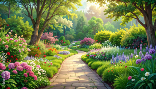 Sunlit garden walkway with vibrant blossoms and tranquil scenery. Colorful landscaped path in spring park with lush blooming flowers. Serene floral pathway in botanical landscape with bright morning l