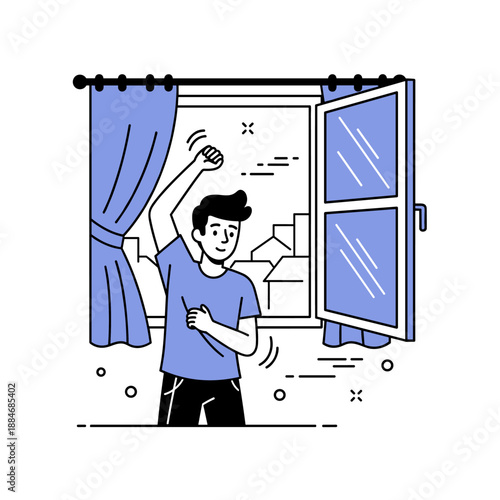 Young caucasian male cheerfully dancing near open window with blue curtains