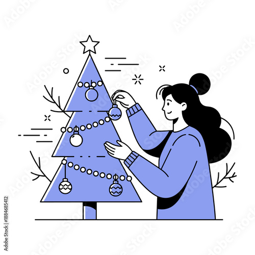 Young asian female decorating christmas tree with ornaments in festive holiday scene