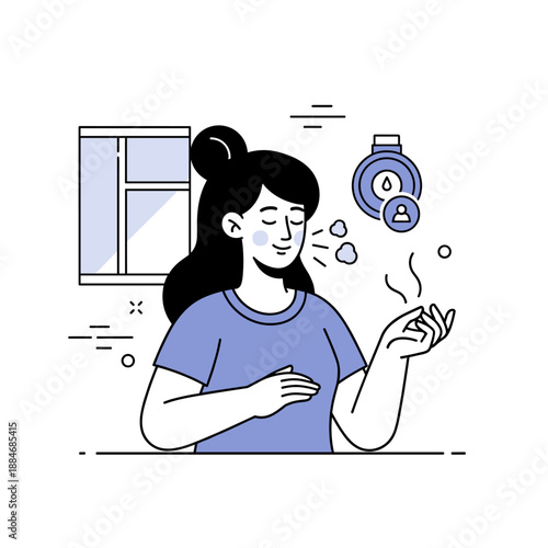 Asian adult female practicing mindfulness and relaxation in a calm home setting