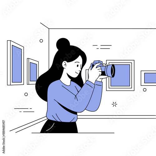 Illustration of woman photographer in art gallery setting