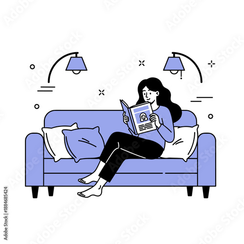 Young caucasian female relaxing on sofa reading book in cozy living room setting