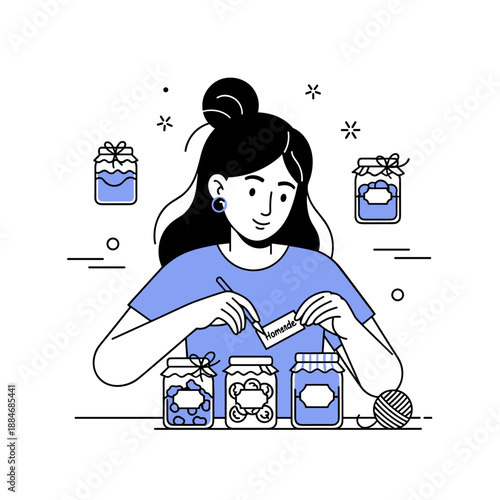 Young asian female crafting homemade gifts with jars and labels in minimalist illustration