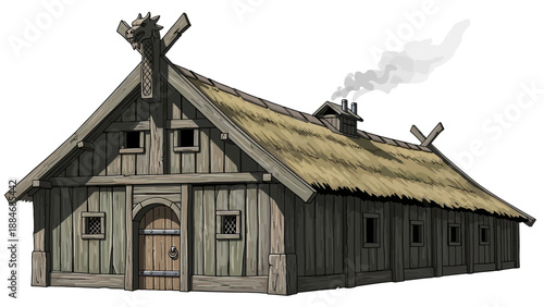 Ancient wooden longhouse with thatched roof, smoke rising from chimney, viewed from the front