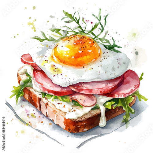 Croque Madame, semi-realistic fantasy watercolor illustration, magical accents, isolated on white background