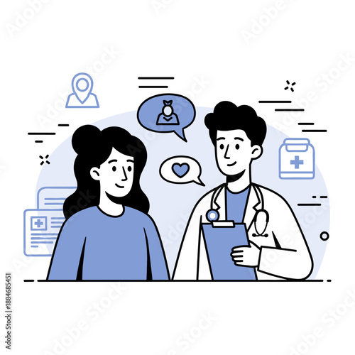 Young adult caucasian male doctor consulting young adult caucasian female patient in healthcare setting