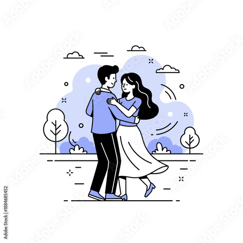 Happy young caucasian couple dancing outdoors in minimalist art style