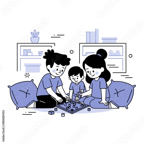 Hispanic family playing board game at home - father, mother, child having fun together