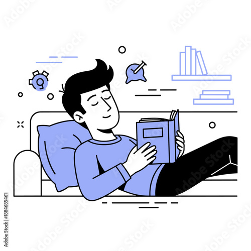 Young caucasian male relaxing on sofa reading a book in minimalist setting