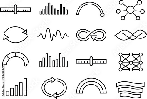 Image Generation. Line style vector icons of video streaming platform live streaming features: phase bar, amplitude bar, timing