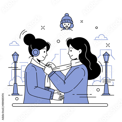 Two young asian females enjoy winter day in urban park