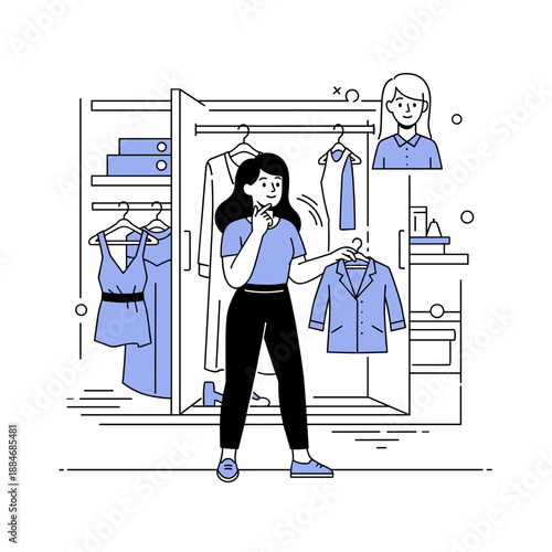 Young caucasian female choosing outfit from closet with fashion choices