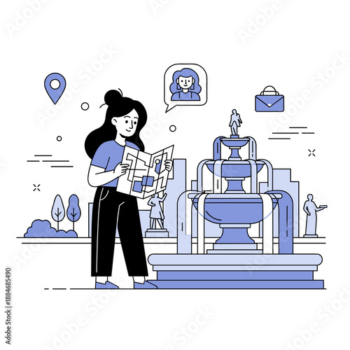 Young caucasian female tourist reading map near fountain in urban park