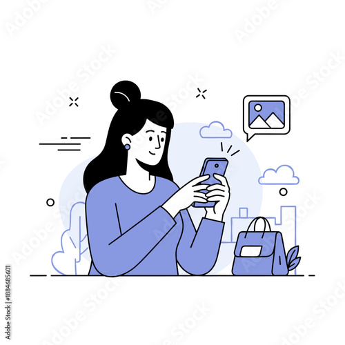 Young asian female messaging on smartphone in urban park