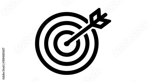 A black and white illustration depicts a target with an arrow centered in the bullseye