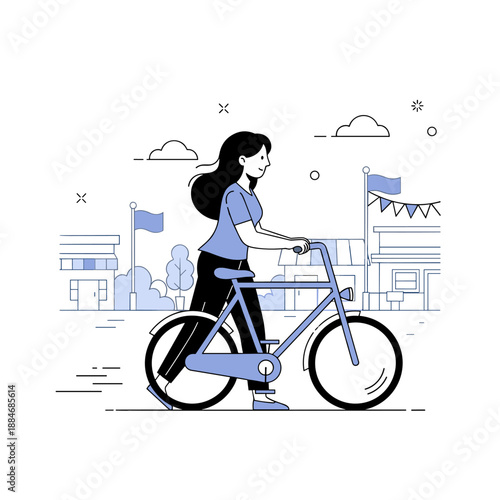 Asian female adult riding bicycle in urban setting cartoon illustration